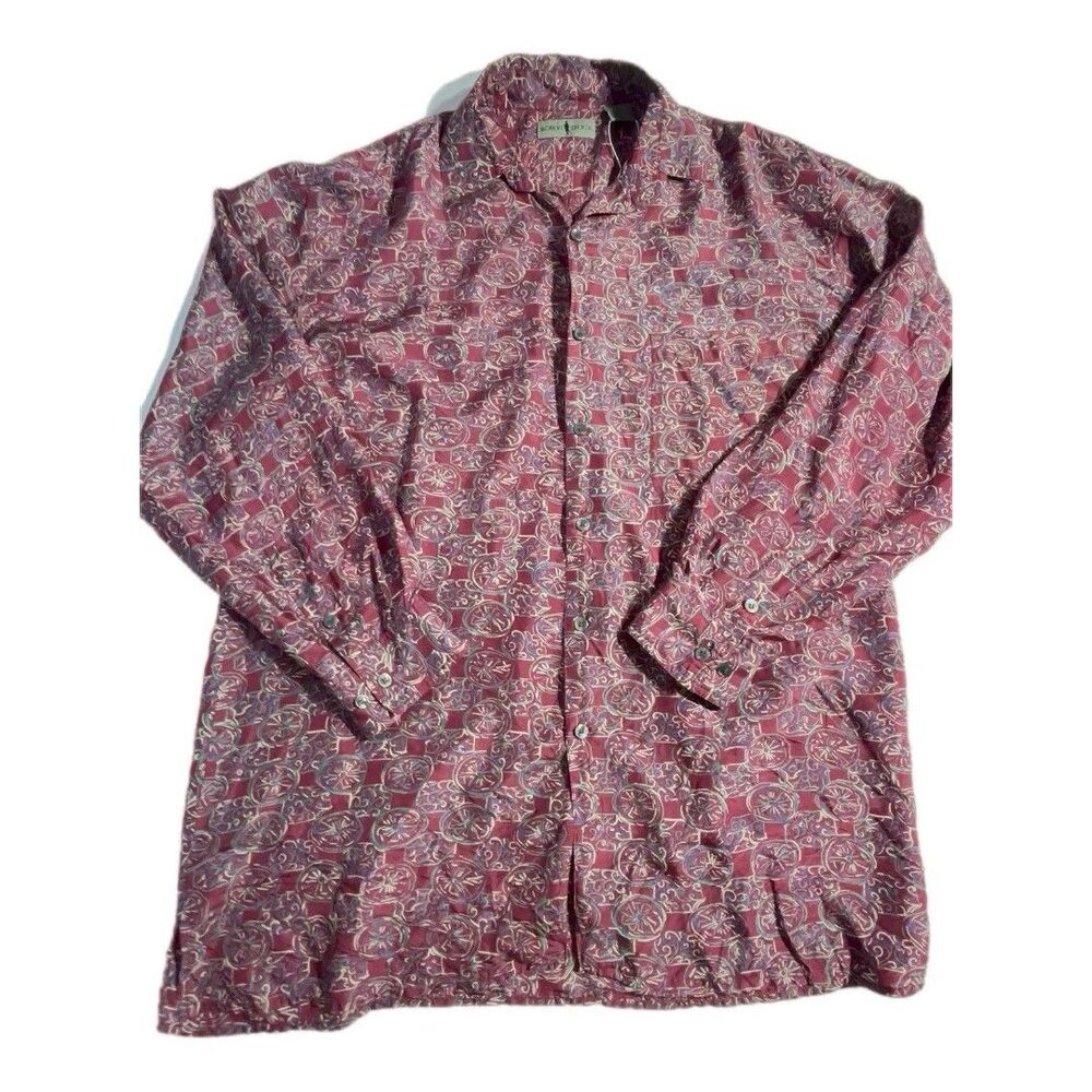 Vintage Robert Stock Silk Shirt Abstract Red Long Sleeve Button Up 90s Size M.